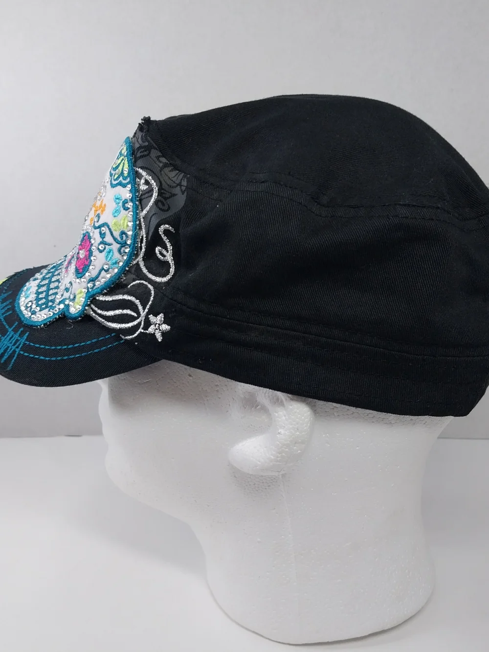 Leader Sugar Skull Embroidered Rhinestone Distressed Cadet Hat Adjustable cap - Picture 9 of 13
